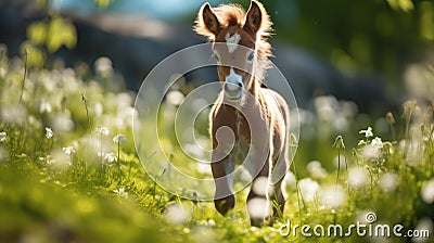 Cute foal walking through the meadow. Generative AI Stock Photo