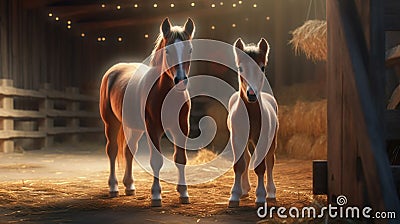 cute foals in the stable. Neural network AI generated Stock Photo