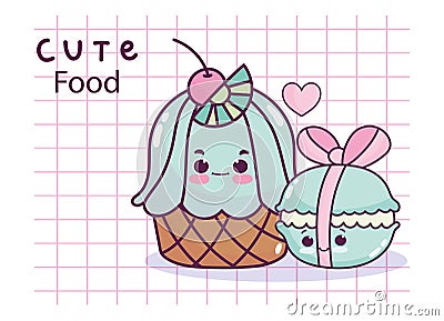 Cute food cupcake and macaroon with ribbon sweet dessert pastry cartoon Vector Illustration