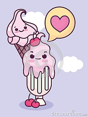 Cute food ice cream cone and cup cherry love sweet dessert pastry cartoon Vector Illustration