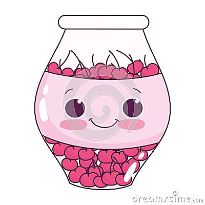 Cute food jar with cherries sweet dessert kawaii cartoon isolated design Vector Illustration