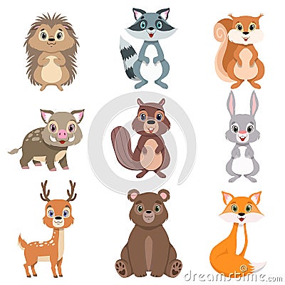 Cute forest animals and birds set, squirrel, hare, boar, raccoon, hedgehog, fox, bear, deer cartoon characters vector Vector Illustration