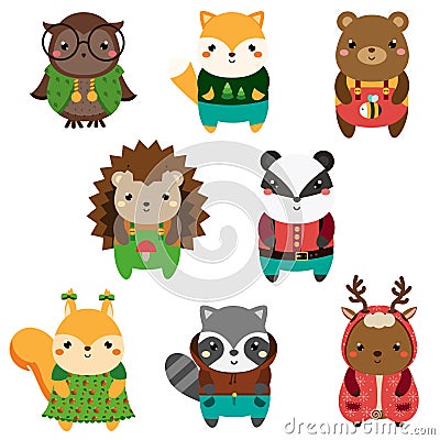 Cute forest animals. Cartoon kawaii wildlife animals set Vector Illustration