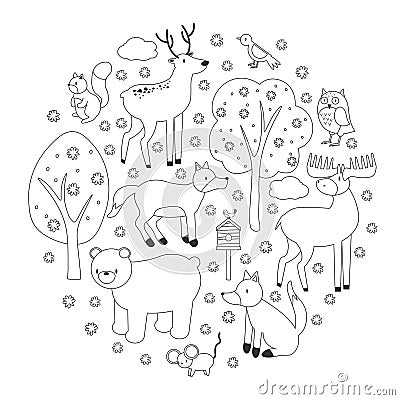 Cute forest animals circle shape for coloring book. woodland characters. Black and white print with squirrel, owl, fox Vector Illustration