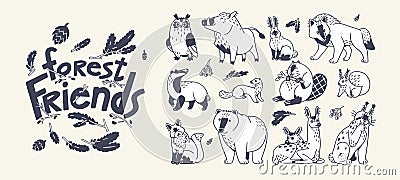 Cute forest animals, outlined set. Contoured wild wood beasts, childish characters. Black and white fox, owl, boar, wolf Vector Illustration