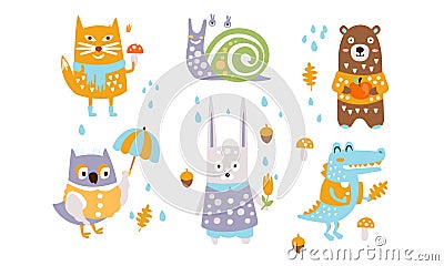 Cute Forest Animals Set, Autumn Season Design Elements, Fox, Snail, Bear, Owl, Rabbit, Crocodile Vector Illustration Vector Illustration