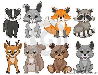 Cute forest animals on a white background. Set of cartoon woodland animals. Vector Illustration