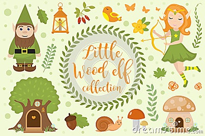 Cute forest elf character set of objects. Collection of design element with elven archer, dwarf, tree mushroom house Vector Illustration