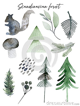 Cute forest watercolor symbols with woody landscape. Scandinavian decorative illustration. Cartoon Illustration