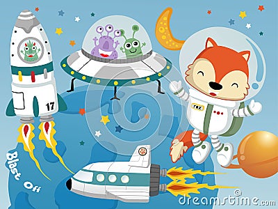 Cute fox in astronaut costume, aliens in spacecraft, outer space elements cartoon Vector Illustration