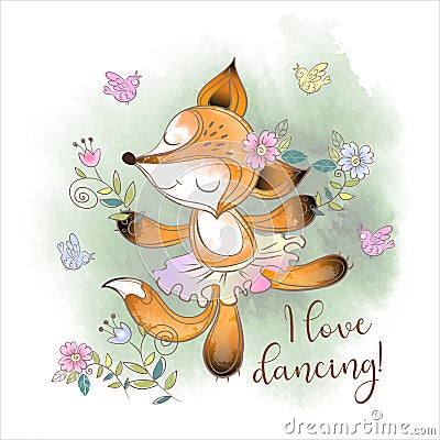 Cute Fox ballerina dancing. I love dancing. Inscription. Vector Stock Photo