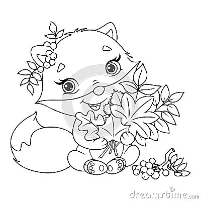 Cute fox with bouquet of autumn leaves coloring page. Outline cartoon illustration Vector Illustration