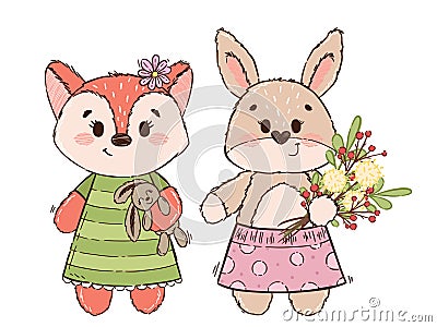 Cute fox and bunny, hare or rabbit in hand drawn style. Vector Illustration