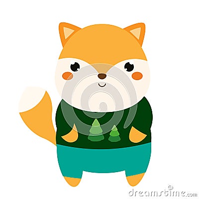 Cute fox. Cartoon kawaii animal character in clothes. Vector illustration for kids and babies fashion Vector Illustration