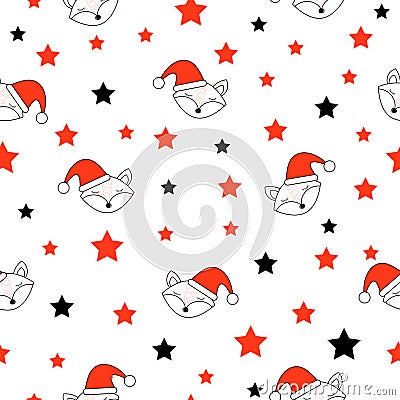 Cute fox faces and stars. Happy New Year and Christmas holiday. Seamless pattern Vector Illustration