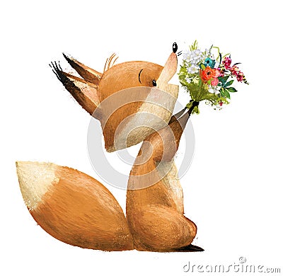 Cute fox with floral bouqet Stock Photo