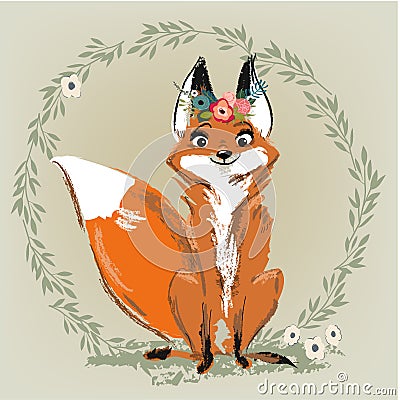 Cute fox with floral wreath Vector Illustration