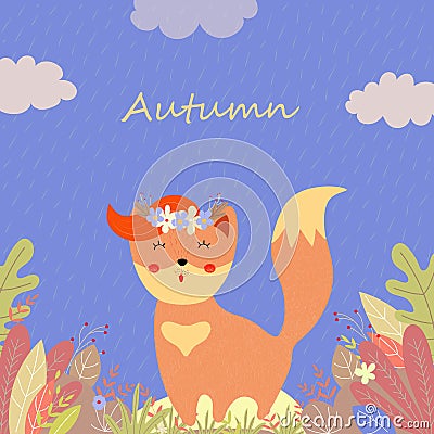 Cute fox in flower wreath in rainy autumn day Vector Illustration