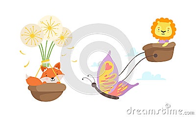 Cute Fox Flying in Basket with Dandelion and Lion with Butterfly Vector Set Vector Illustration