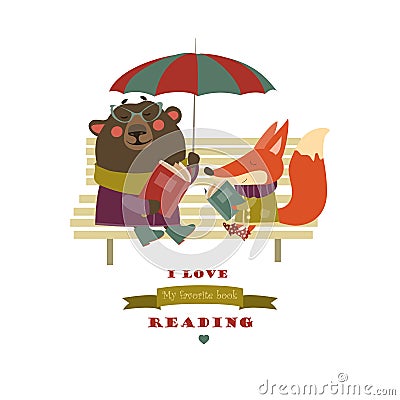 Cute fox and funny bear reading books on bench Vector Illustration