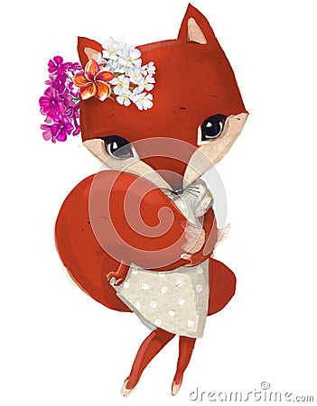 Cute fox girl with floral wreath Stock Photo