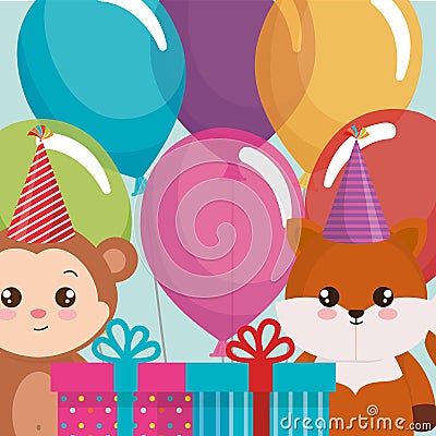 Cute fox and monkey with gifts Vector Illustration