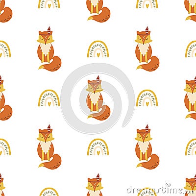Cute fox pattern seamless with rainbow Simple animal textile background Kids vector fox Scandinavian style Cartoon Illustration
