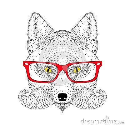 Cute fox portrait with french mustache, beard, glasses. Hand drawn wild anthropomorphic animal face, vector illustration for Vector Illustration
