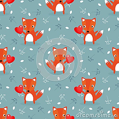 Cute fox and red heart for valentine seamless pattern Vector Illustration
