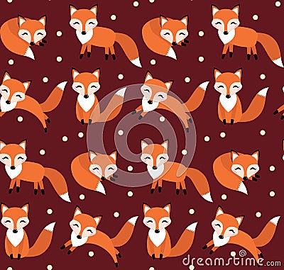 Cute fox seamless pattern. Foxy endless background, texture. Vector Illustration