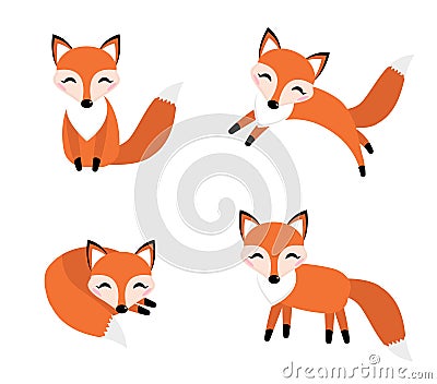 Cute fox set flat style. Foxy in different poses, sleeping, jumping, sitting. Vector Illustration