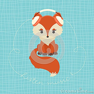 Cute fox with set of headphones listening music Vector Illustration