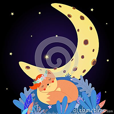 Cute fox sleep under moon starry sky. Good Night Vector Illustration