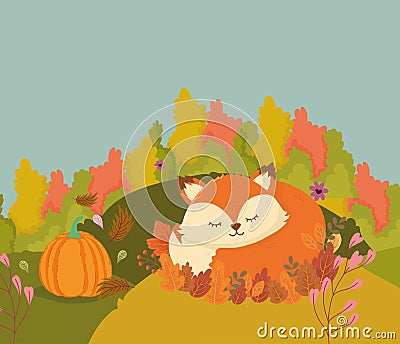 Cute fox sleeping in leaves hello autumn Vector Illustration