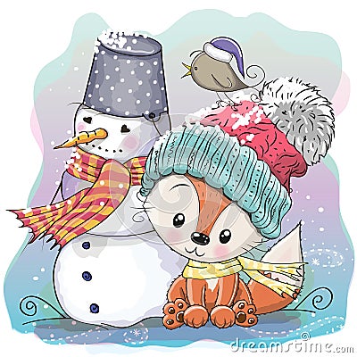 Cute Fox and snowman Vector Illustration