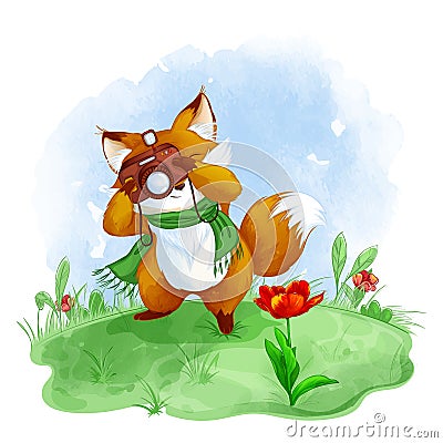 Cute fox takes pictures of a red tulip. Vector Illustration
