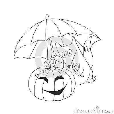 Cute fox, umbrella from the rain and a pumpkin. Halloween. Autumn holidays. Vector Illustration Vector Illustration