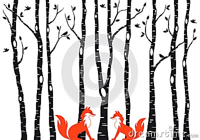 Cute foxes with birch trees, vector Vector Illustration