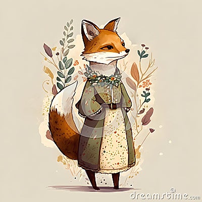 Cute foxy lady in smart clothes, a green dress, boho style, beige background, watercolor Stock Photo