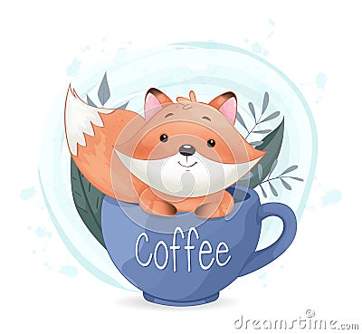 Cute foxy sitting in big coffee cup. Adorable fox Vector Illustration