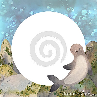 Cute frame. Watercolor lazy seal relaxing on sea rocks and cliffs. Kawaii illustration for children prints. Cartoon Illustration