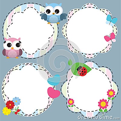 Cute frames with flowers and owls. Vector Illustration