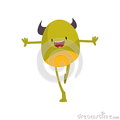 Cute Freaky Horned Monster, Funny Happy Green Alien Cartoon Character Vector Illustration Vector Illustration