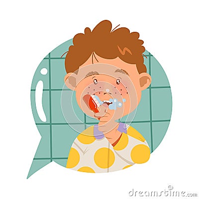 Cute Freckled Boy Brushing His Teeth in the Morning Vector Illustration Vector Illustration