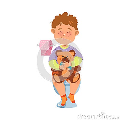 Cute Freckled Boy Sitting on Toilet Bowl in the Morning Vector Illustration Vector Illustration