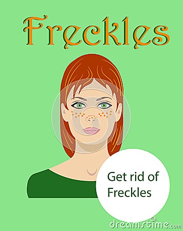 Freckled redhaired young woman isolated on a green background word Freckles, vector illustration Vector Illustration