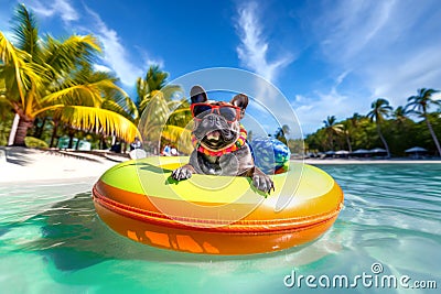 A cute french bulldog sitting in rubber dinghy on a Caribbean beach Stock Photo