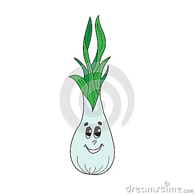 Cute fresh green onion cartoon character. Spring vegetable with funny face Vector Illustration