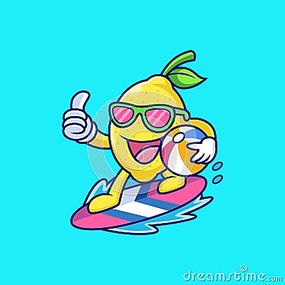 Cute Fresh Lemon Playing Surfing Cartoon. Fruit Summer Vector Icon Illustration, Isolated on Premium Vector Vector Illustration