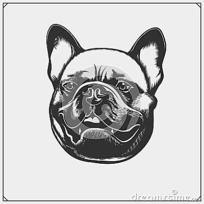 Cute friendly french bulldog portrait. Emblem for Pets Shop. Print design for t-shirts. Vector Illustration
